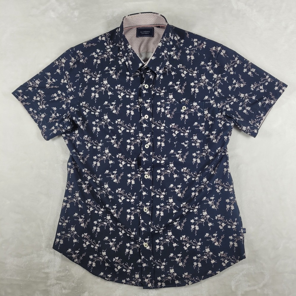 7 Diamonds‎ 4 Way Stretch Short Sleeve Button Up Men's Small Dark Blue Floral